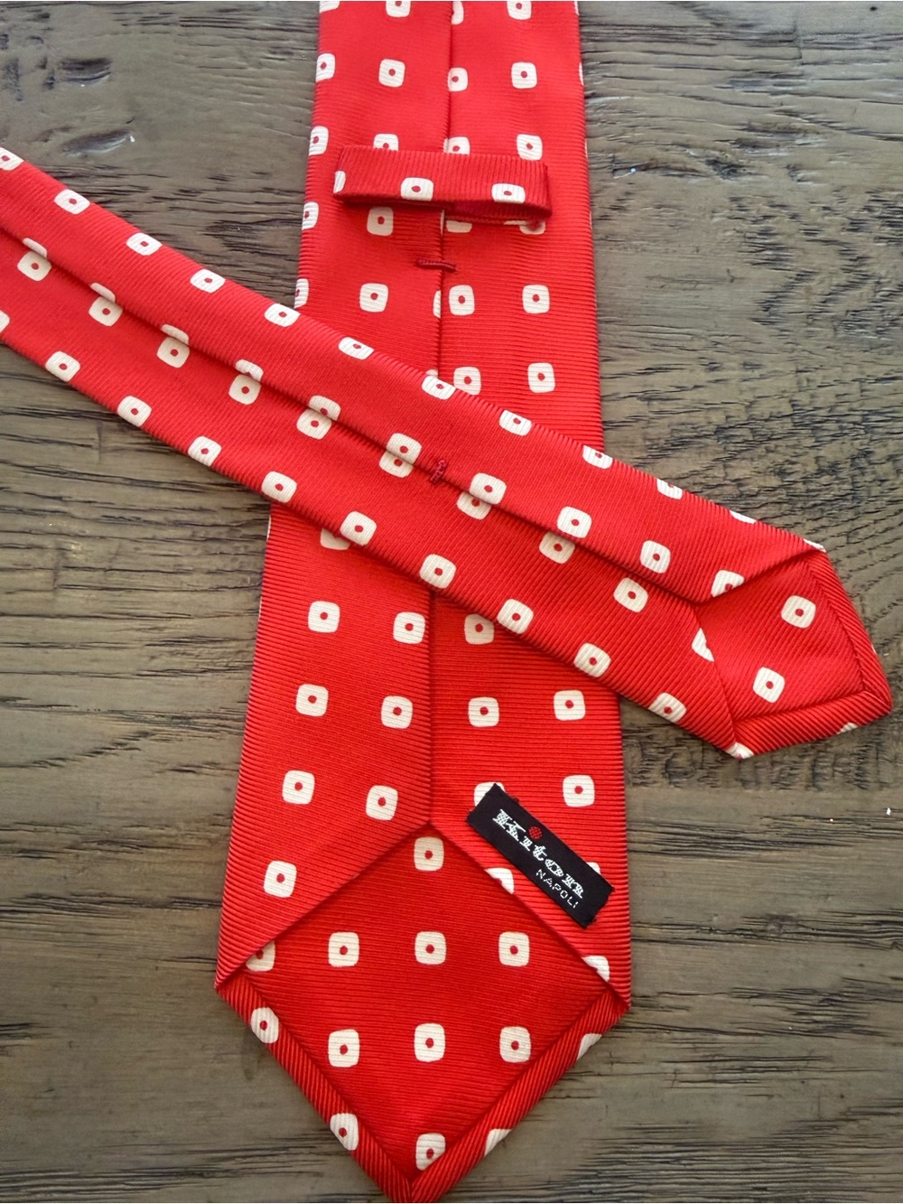 Kiton Red Tie with Cream Square Dot Pattern